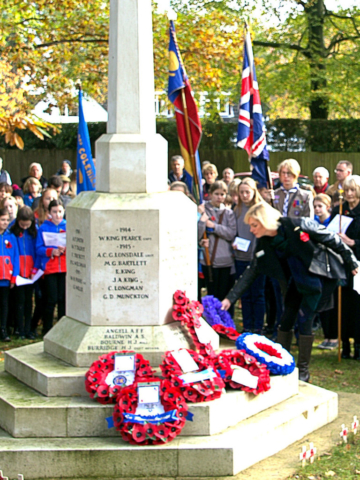 a female councillor laying a wreath of purple poppies