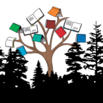 A logo showing a tree with books for leaves rising out of a forest