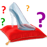 A glass stiletto shoe on a red cushion, surrounded by question maks